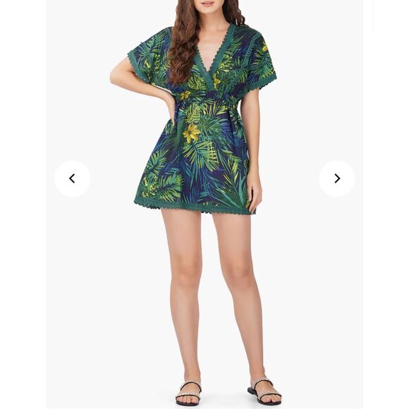 🔥🔥5 for $25🔥🔥 America & Beyond Green Tropical Surplice Mini Swim Suit Cover Up - Picture 1 of 13